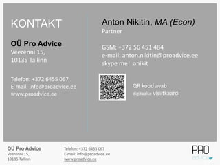 Anton Nikitin, MA (Econ)
Partner
GSM: +372 56 451 484
e-mail: anton.nikitin@proadvice.ee
skype me! anikit
KONTAKT
OÜ Pro Advice
Veerenni 15,
10135 Tallinn
Telefon: +372 6455 067
E-mail: info@proadvice.ee
www.proadvice.ee
QR kood avab
digitaalse visiitkaardi
OÜ Pro Advice
Veerenni 15,
10135 Tallinn
Telefon: +372 6455 067
E-mail: info@proadvice.ee
www.proadvice.ee
 