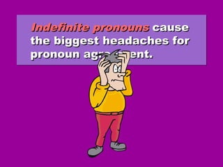 Indefinite pronounsIndefinite pronouns causecause
the biggest headaches forthe biggest headaches for
pronoun agreement.pronoun agreement.
Indefinite pronounsIndefinite pronouns causecause
the biggest headaches forthe biggest headaches for
pronoun agreement.pronoun agreement.
 