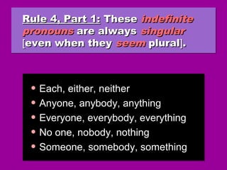Rule 4, Part 1:Rule 4, Part 1: TheseThese indefiniteindefinite
pronounspronouns are alwaysare always singularsingular
[[even when theyeven when they seemseem pluralplural]]..
Rule 4, Part 1:Rule 4, Part 1: TheseThese indefiniteindefinite
pronounspronouns are alwaysare always singularsingular
[[even when theyeven when they seemseem pluralplural]]..
• Each, either, neitherEach, either, neither
• Anyone, anybody, anythingAnyone, anybody, anything
• Everyone, everybody, everythingEveryone, everybody, everything
• No one, nobody, nothingNo one, nobody, nothing
• Someone, somebody, somethingSomeone, somebody, something
• Each, either, neitherEach, either, neither
• Anyone, anybody, anythingAnyone, anybody, anything
• Everyone, everybody, everythingEveryone, everybody, everything
• No one, nobody, nothingNo one, nobody, nothing
• Someone, somebody, somethingSomeone, somebody, something
 