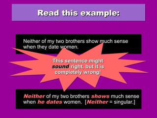 Neither of my two brothers shows much sense
when he dates women. [Neither = singular.]
Neither of my two brothers shows much sense
when he dates women. [Neither = singular.]
Neither of my two brothers show much sense
when they date women.
Neither of my two brothers show much sense
when they date women.
This sentence mightThis sentence might
soundsound right, but it isright, but it is
completely wrong!completely wrong!
This sentence mightThis sentence might
soundsound right, but it isright, but it is
completely wrong!completely wrong!
Read this example:Read this example:Read this example:Read this example:
 