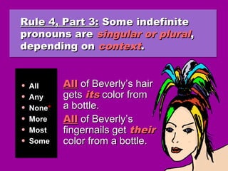 Rule 4, Part 3:Rule 4, Part 3: Some indefiniteSome indefinite
pronouns arepronouns are singular or pluralsingular or plural,,
depending ondepending on contextcontext..
Rule 4, Part 3:Rule 4, Part 3: Some indefiniteSome indefinite
pronouns arepronouns are singular or pluralsingular or plural,,
depending ondepending on contextcontext..
• AllAll
• AnyAny
• NoneNone**
• MoreMore
• MostMost
• SomeSome
• AllAll
• AnyAny
• NoneNone**
• MoreMore
• MostMost
• SomeSome
AllAll of Beverly’s hairof Beverly’s hair
getsgets itsits color fromcolor from
a bottle.a bottle.
AllAll of Beverly’sof Beverly’s
fingernails getfingernails get theirtheir
color from a bottle.color from a bottle.
 