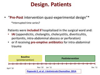 Baseline
(preintervention)
Design. Patients
• “Pre-Post intervention quasi-experimental design”*
April ´10 Nov ´10 Jan ´11 Dec ´11
*Interrupted time series?
Postintervention
Patients were included if hospitalized in the surgical ward and:
• IAI (appendicitis, cholangitis, cholecystitis, diverticulitis,
peritonitis, intra-abdominal abscess or perforation)
• or if receiving pre-emptive antibiotics for intra-abdominal
trauma
Popovski Z, et al. J Antimicrob Chemother. 2014.
 