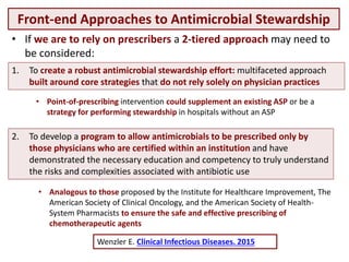 Front-end Approaches to Antimicrobial Stewardship
Hamilton KW. Clinical Infectious Diseases. 2015
1. Paperforms (policy) + Implementation strategy
…and present their pilot experience with an antimicrobial
flowsheet
Authors review several original papers on the topic
Thakkar J. J Antimicrob Chemother 2011; 66:1916–20
2. Check-list (policy) + Implementation strategy
Fleet E. J Antimicrob Chemother 2014; 69:2265–73
3. Electronic Medical Records (#EMR)
 