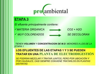 ETAPA 3   El efluente principalmente contiene: MATERIA ORGANICA  CO2 + H2O MUY COLOREADOS  SE DECOLORAN  TIENEN  VOLUMEN  Y  CONCENTRACION DE M.O . MENORES A LOS DE LA ETAPA 1 LOS EFLUENTES DE LAS ETAPAS 1 Y 3 SE PUEDEN TRATAR EN UNA  PLANTA DE ELECTRODIGESTIÓN SE PODRÍAN MEZCLAR Y TRATAR JUNTOS, PERO POR UBICACIÓN Y POR CAUDALES, CASI SIEMPRE CONVIENE TRATARLOS EN PLANTAS DISTINTAS  