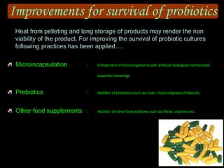 Improvements for survival of probiotics
Microincapsulation : Entrapment of micro-organisms with artificial/ biological membranes/
supports/ coverings
Prebiotics : Addition of prebiotics such as inulin, fructo-oligosacchrides etc.
Other food supplements : Addition of other food additives such as fibres, vitamins etc.
Heat from pelleting and long storage of products may render the non
viability of the product. For improving the survival of probiotic cultures
following practices has been applied….
 