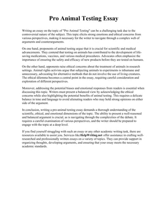 Pro Animal Testing Essay. University of Northern Colorado | PDF