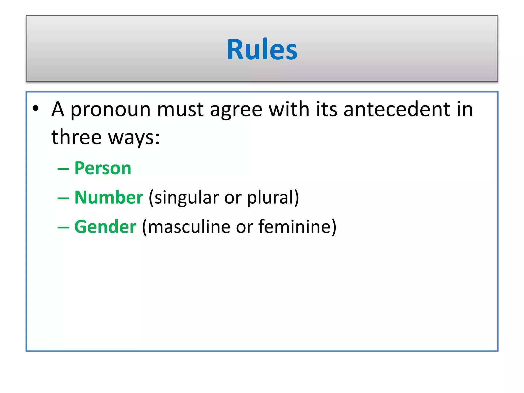 Rules
• A pronoun must agree with its antecedent in
three ways:
– Person
– Number (singular or plural)
– Gender (masculine or feminine)
 