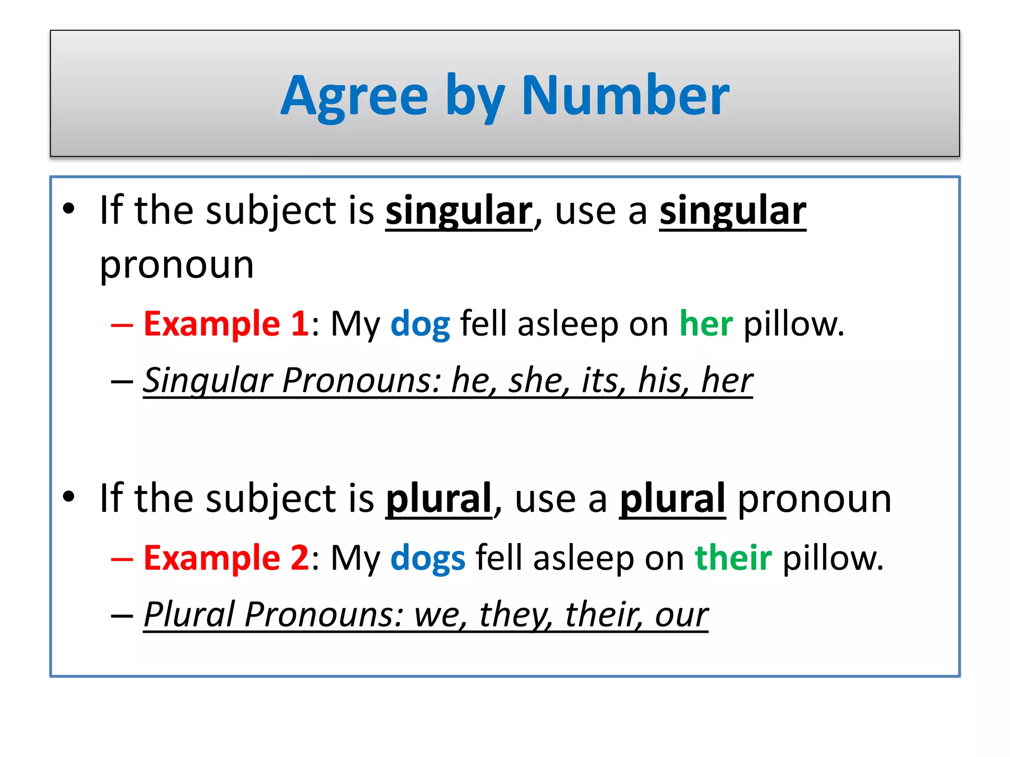 Agree by Number
• If the subject is singular, use a singular
pronoun
– Example 1: My dog fell asleep on her pillow.
– Singular Pronouns: he, she, its, his, her
• If the subject is plural, use a plural pronoun
– Example 2: My dogs fell asleep on their pillow.
– Plural Pronouns: we, they, their, our
 