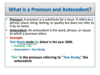 What is a Pronoun and Antecedent?
• Pronoun: A pronoun is a substitute for a noun. It refers to a
person, place, thing, feeling, or quality but does not refer to
it by its name.
• Antecedent: An antecedent is the word, phrase, or clause
to which a pronoun refers.
• Example:
Tom Brady made his debut in the year 2000.
– Pronoun = his
– Antecedent = Tom Brady
“his” is the pronoun referring to “Tom Brady,” the
antecedent
 