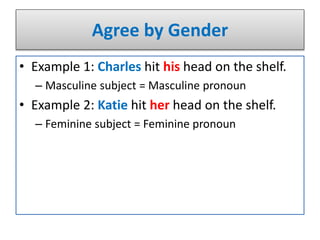 Agree by Gender
• Example 1: Charles hit his head on the shelf.
– Masculine subject = Masculine pronoun
• Example 2: Katie hit her head on the shelf.
– Feminine subject = Feminine pronoun
 