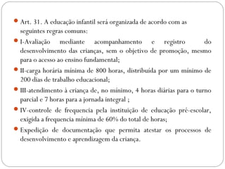 Art. 31. A educação infantil será organizada de acordo com as
seguintes regras comuns:
I-Avaliação mediante acompanhamento e registro do
desenvolvimento das crianças, sem o objetivo de promoção, mesmo
para o acesso ao ensino fundamental;
II-carga horária mínima de 800 horas, distribuída por um mínimo de
200 dias de trabalho educacional;
III-atendimento à criança de, no mínimo, 4 horas diárias para o turno
parcial e 7 horas para a jornada integral ;
IV-controle de frequencia pela instituição de educação pré-escolar,
exigida a frequencia mínima de 60% do total de horas;
Expedição de documentação que permita atestar os processos de
desenvolvimento e aprendizagem da criança.
 