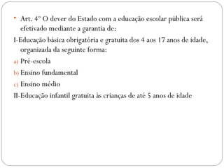 • Art. 4º O dever do Estado com a educação escolar pública será
efetivado mediante a garantia de:
I-Educação básica obrigatória e gratuita dos 4 aos 17 anos de idade,
organizada da seguinte forma:
a) Pré-escola
b) Ensino fundamental
c) Ensino médio
II-Educação infantil gratuita às crianças de até 5 anos de idade
 