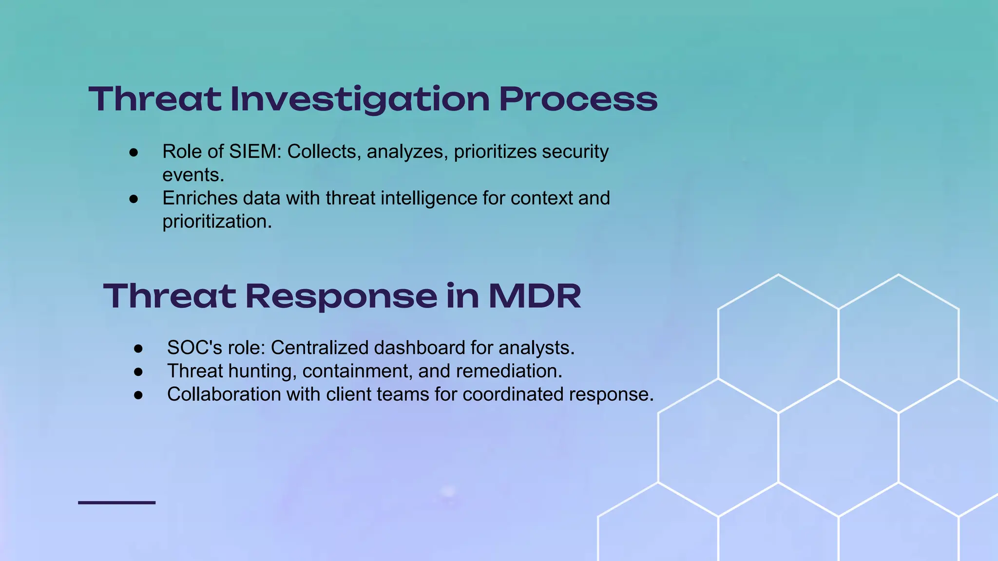 Threat Investigation Process
● Role of SIEM: Collects, analyzes, prioritizes security
events.
● Enriches data with threat intelligence for context and
prioritization.
Threat Response in MDR
● SOC's role: Centralized dashboard for analysts.
● Threat hunting, containment, and remediation.
● Collaboration with client teams for coordinated response.
 