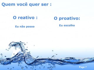 Quem você quer ser : O reativo : Eu não posso  O proativo: Eu escolho 