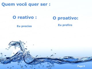 Quem você quer ser : O reativo : Eu preciso  O proativo: Eu prefiro  