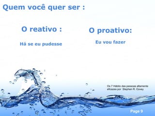 Quem você quer ser : O reativo : Há se eu pudesse  O proativo: Eu vou fazer Os 7 Hábito das pessoas altamente eficazes por  Stephen R. Covey 