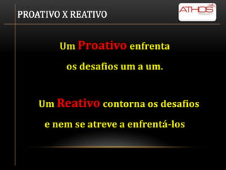 PROATIVO X REATIVO


        Um Proativo enfrenta

         os desafios um a um.


    Um Reativo contorna os desafios

     e nem se atreve a enfrentá-los
 