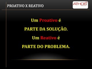 PROATIVO X REATIVO


           Um Proativo é
        PARTE DA SOLUÇÃO.
            Um Reativo é
       PARTE DO PROBLEMA.
 