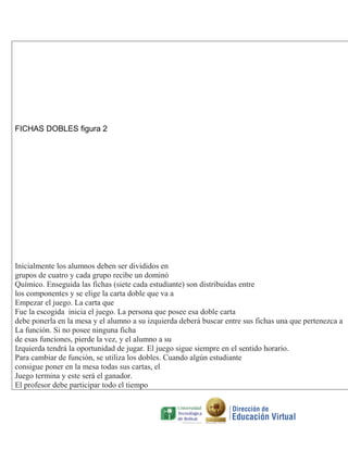 FICHAS DOBLES figura 2

Inicialmente los alumnos deben ser divididos en
grupos de cuatro y cada grupo recibe un dominó
Químico. Enseguida las fichas (siete cada estudiante) son distribuidas entre
los componentes y se elige la carta doble que va a
Empezar el juego. La carta que
Fue la escogida inicia el juego. La persona que posee esa doble carta
debe ponerla en la mesa y el alumno a su izquierda deberá buscar entre sus fichas una que pertenezca a
La función. Si no posee ninguna ficha
de esas funciones, pierde la vez, y el alumno a su
Izquierda tendrá la oportunidad de jugar. El juego sigue siempre en el sentido horario.
Para cambiar de función, se utiliza los dobles. Cuando algún estudiante
consigue poner en la mesa todas sus cartas, el
Juego termina y este será el ganador.
El profesor debe participar todo el tiempo

 