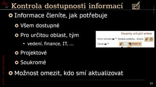 AyMINE
–
tak
tepe
business
15
Kontrola dostupnosti informací
Informace členíte, jak potřebuje
Všem dostupné
Pro určitou oblast, tým
●
vedení, finance, IT, …
Projektové
Soukromé
Možnost omezit, kdo smí aktualizovat
 