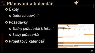 AyMINE
–
tak
tepe
business
18
Plánování a kalendář
Úkoly
Doba zpracování
Požadavky
Balíky požadavků k řešení
Stavy požadavků
Projektový kalendář
 
