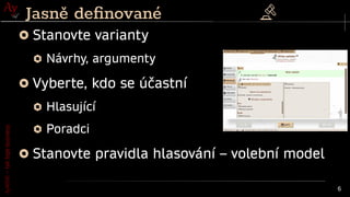 AyMINE
–
tak
tepe
business
6
Jasně definované
Stanovte varianty
Návrhy, argumenty
Vyberte, kdo se účastní
Hlasující
Poradci
Stanovte pravidla hlasování – volební model
 