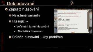 AyMINE
–
tak
tepe
business
7
Dokladované
Zápis z hlasování
Navržené varianty
Hlasující –
●
Veřejné i tajné hlasování
●
Statistika hlasování
Průběh hlasování – kdy proběhlo
 
