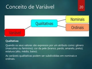Conceito de Variável
Qualitativas
Quando os seus valores são expressos por um atributo como: gênero
(masculino ou feminino); cor da pele (branco, pardo, amarelo, preto);
estatura (alto, médio, baixo).
As variáveis qualitativas podem ser subdivididas em nominais e
ordinais.
20
 