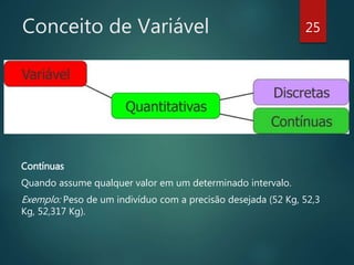Conceito de Variável
Contínuas
Quando assume qualquer valor em um determinado intervalo.
Exemplo: Peso de um indivíduo com a precisão desejada (52 Kg, 52,3
Kg, 52,317 Kg).
25
 