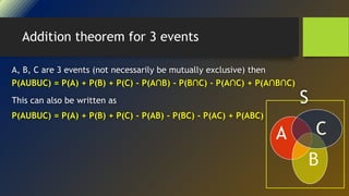 Addition theorem for 3 events
A, B, C are 3 events (not necessarily be mutually exclusive) then
P(AUBUC) = P(A) + P(B) + P(C) - P(A∩B) - P(B∩C) - P(A∩C) + P(A∩B∩C)
This can also be written as S
P(AUBUC) = P(A) + P(B) + P(C) - P(AB) - P(BC) - P(AC) + P(ABC)
A
B
C
 