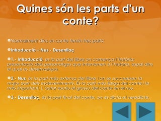 Quines són les parts d'un
conte?
Normalment dins un conte tenim tres parts:
Introducció – Nus - Desenllaç
1.- Introducció, es la part del llibre on comença l´història:

presentació dels personatges que intervenen a l´història, espai dins
el qual es desenvolupa.
2.- Nus, és la part més extensa del llibre i on se succeeixen la

major part dels esdeveniments. És la part més llarga del conte i la
més important. L´autor escriu el grosso del conte en el nus.
3.- Desenllaç, és la part final del conte, on es dicta el veredicte.

 