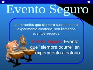 Evento seguro: Evento
que “siempre ocurre” en
un experimento aleatorio.
Los eventos que siempre suceden en el
experimento aleatorio, son llamados
eventos seguros.
 