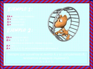 Ejemplo 1:
EA = Lanzar una moneda
Ω = { cara, sello }
A = obtener cara
Ā = obtener sello
Ejemplo 2:
EA = Lanzar un dado
Ω = { 1, 2, 3, 4, 5, 6 }
Consideremos el evento A: obtener 6 puntos.
A = { 6 }
Ā = {1, 2, 3, 4, 5}, es el complemento del evento A.
Siempre que sumemos el evento A y su complemento Ā,
tendremos el espacio muestral Ω.
A + Ā = Ω
 
