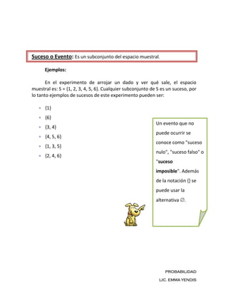 Suceso o Evento: Es un subconjunto del espacio muestral.

      Ejemplos:

       En el experimento de arrojar un dado y ver qué sale, el espacio
muestral es: S = {1, 2, 3, 4, 5, 6}. Cualquier subconjunto de S es un suceso, por
lo tanto ejemplos de sucesos de este experimento pueden ser:

      {1}
      {6}
                                                             Un evento que no
      {3, 4}
                                                             puede ocurrir se
      {4, 5, 6}
                                                             conoce como "suceso
      {1, 3, 5}
                                                             nulo", "suceso falso" o
      {2, 4, 6}
                                                             "suceso
                                                             imposible". Además
                                                             de la notación {} se
                                                             puede usar la
                                                             alternativa   .




                                                                 PROBABILIDAD

                                                              LIC. EMMA YENDIS
 