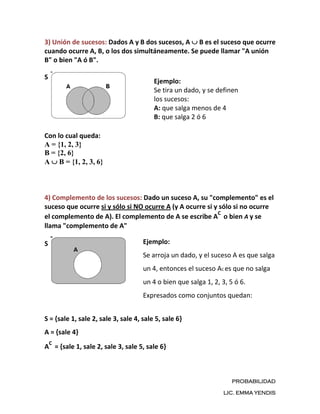 3) Unión de sucesos: Dados A y B dos sucesos, A B es el suceso que ocurre
cuando ocurre A, B, o los dos simultáneamente. Se puede llamar "A unión
B" o bien "A ó B".

S
                                         Ejemplo:
                                         Se tira un dado, y se definen
                                         los sucesos:
                                         A: que salga menos de 4
                                         B: que salga 2 ó 6

Con lo cual queda:
A = {1, 2, 3}
B = {2, 6}
A B = {1, 2, 3, 6}



4) Complemento de los sucesos: Dado un suceso A, su "complemento" es el
suceso que ocurre si y sólo si NO ocurre A (y A ocurre si y sólo si no ocurre
                                                           C
el complemento de A). El complemento de A se escribe A o bien A y se
llama "complemento de A"

S                                    Ejemplo:
                                     Se arroja un dado, y el suceso A es que salga
                                     un 4, entonces el suceso AC es que no salga
                                     un 4 o bien que salga 1, 2, 3, 5 ó 6.
                                     Expresados como conjuntos quedan:


S = {sale 1, sale 2, sale 3, sale 4, sale 5, sale 6}
A = {sale 4}
    C
A = {sale 1, sale 2, sale 3, sale 5, sale 6}



                                                                     PROBABILIDAD

                                                                  LIC. EMMA YENDIS
 