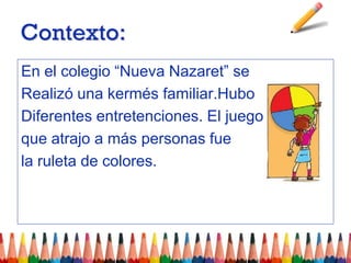 Contexto:
En el colegio “Nueva Nazaret” se
Realizó una kermés familiar.Hubo
Diferentes entretenciones. El juego
que atrajo a más personas fue
la ruleta de colores.