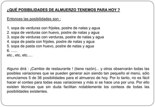 ¿QUÉ POSIBILIDADES DE ALMUERZO TENEMOS PARA HOY ?
Entonces las posibilidades son :
1. sopa de verduras con frijoles, postre de natas y agua
2. sopa de verduras con huevo, postre de natas y agua
3. sopa de verduras con verduras, postre de natas y agua
4. sopa de pasta con frijoles, postre de natas y agua
5. sopa de pasta con huevo, postre de natas y agua
6. ......
etc., etc, etc.....
Alguno dirá : ¡Cambie de restaurante ! (tiene razón)... y otros observarán todas las
posibles variaciones que se pueden generar aún siendo tan pequeño el menú, sólo
enunciamos 5 de 36 posibilidades para el almuerzo de hoy. Por lo tanto, no es fácil
hacer el conteo para todas esas variaciones y más si se hace una por una. Por ello
existen técnicas que sin duda facilitan notablemente los conteos de todas las
posibilidades existentes.
 