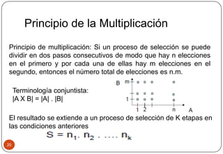 Principio de la Multiplicación
20
Principio de multiplicación: Si un proceso de selección se puede
dividir en dos pasos consecutivos de modo que hay n elecciones
en el primero y por cada una de ellas hay m elecciones en el
segundo, entonces el número total de elecciones es n.m.
Terminología conjuntista:
|A X B| = |A| . |B|
El resultado se extiende a un proceso de selección de K etapas en
las condiciones anteriores
 