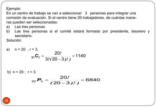 25
Ejemplo:
En un centro de trabajo se van a seleccionar 3 personas para integrar una
comisión de evaluación. Si el centro tiene 20 trabajadores, de cuántas mane-
ras pueden ser seleccionadas:
a) Las tres personas
b) Las tres personas si el comité estará formado por presidente, tesorero y
secretario.
Solución:
a) n = 20 , r = 3,
b) n = 20 ; r = 3
1140
3203
20
320 


))!(!
!
C
6840
320
20
320 


))!(
!
P
 