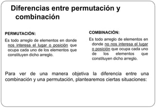 Diferencias entre permutación y
combinación
COMBINACIÓN:
Es todo arreglo de elementos en
donde no nos interesa el lugar
o posición que ocupa cada uno
de los elementos que
constituyen dicho arreglo.
PERMUTACIÓN:
Es todo arreglo de elementos en donde
nos interesa el lugar o posición que
ocupa cada uno de los elementos que
constituyen dicho arreglo.
Para ver de una manera objetiva la diferencia entre una
combinación y una permutación, plantearemos ciertas situaciones:
 