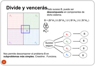 Divide y vencerás
43
A1 A2
A3 A4
B
Todo suceso B, puede ser
descompuesto en componentes de
dicho sistema.
B = (B∩A1) U (B∩A2 ) U ( B∩A3 ) U ( B∩A4 )
Nos permite descomponer el problema B en
subproblemas más simples. Creedme . Funciona.
Suceso
seguro
A1
A2
A3
A4
B
B
B
B
 
