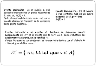 Evento Elemental.- Es el evento E que
contiene exactamente un punto muestral de
S, esto es, N(E) = 1.
Cada elemento del espacio muestral, es un
evento elemental. También se le denomina
como punto muestral.
Evento Compuesto.- Es el evento
E que contiene más de un punto
muestral de S, por tanto
N(E) > 1
Evento contrario a un evento A: También se denomina evento
complemento de A y es el evento que se verifica si, como resultado del
experimento aleatorio, no se verifica A.
Ya que los eventos son conjuntos, este evento se denota con el símbolo Ac
o bien Ā, y se define como:
 s tal quec
A s A  
 