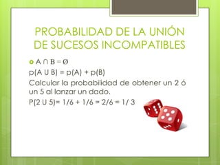 PROBABILIDAD DE LA UNIÓN
DE SUCESOS INCOMPATIBLES
 A ∩ B = Ø
p(A U B) = p(A) + p(B)
Calcular la probabilidad de obtener un 2 ó
un 5 al lanzar un dado.
P(2 U 5)= 1/6 + 1/6 = 2/6 = 1/ 3
 