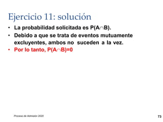 Ejercicio 11: solución
• La probabilidad solicitada es P(AB).
• Debido a que se trata de eventos mutuamente
excluyentes, ambos no
• Por lo tanto, P(AB)=0
suceden a la vez.
Proceso de Admisión 2020 73
 
