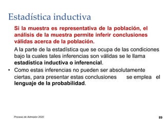 Estadística inductiva
Si la muestra es representativa de la población, el
análisis de la muestra permite inferir conclusiones
válidas acerca de la población.
A la parte de la estadística que se ocupa de las condiciones
bajo la cuales tales inferencias son válidas se le llama
estadística inductiva o inferencial.
• Como estas inferencias no pueden ser absolutamente
ciertas, para presentar estas conclusiones
lenguaje de la probabilidad.
se emplea el
Proceso de Admisión 2020 89
 