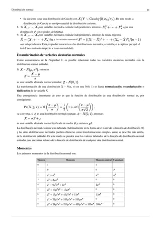 Distribución normal 11
• Su cociente sigue una distribución de Cauchy con . De este modo la
distribución de Cauchy es un tipo especial de distribución cociente.
8. Si son variables normales estándar independientes, entonces sigue una
distribución χ² con n grados de libertad.
9. Si son variables normales estándar independientes, entonces la media muestral
y la varianza muestral
son independientes. Esta propiedad caracteriza a las distribuciones normales y contribuye a explicar por qué el
test-F no es robusto respecto a la no-normalidad).
Estandarización de variables aleatorias normales
Como consecuencia de la Propiedad 1; es posible relacionar todas las variables aleatorias normales con la
distribución normal estándar.
Si ~ , entonces
es una variable aleatoria normal estándar: ~ .
La transformación de una distribución X ~ N(μ, σ) en una N(0, 1) se llama normalización, estandarización o
tipificación de la variable X.
Una consecuencia importante de esto es que la función de distribución de una distribución normal es, por
consiguiente,
A la inversa, si es una distribución normal estándar, ~ , entonces
es una variable aleatoria normal tipificada de media y varianza .
La distribución normal estándar está tabulada (habitualmente en la forma de el valor de la función de distribución Φ)
y las otras distribuciones normales pueden obtenerse como transformaciones simples, como se describe más arriba,
de la distribución estándar. De este modo se pueden usar los valores tabulados de la función de distribución normal
estándar para encontrar valores de la función de distribución de cualquier otra distribución normal.
Momentos
Los primeros momentos de la distribución normal son:
Número Momento Momento central Cumulante
0 1 1
1 0
2
3 0 0
4 0
5 0 0
6 0
7 0 0
8 0
 