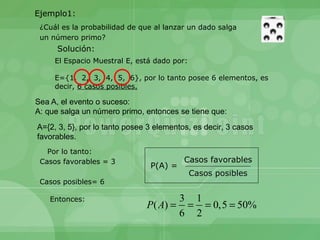 Ejemplo1:
 ¿Cuál es la probabilidad de que al lanzar un dado salga
 un número primo?
      Solución:
     El Espacio Muestral E, está dado por:

     E={1, 2, 3, 4, 5, 6}, por lo tanto posee 6 elementos, es
     decir, 6 casos posibles.

Sea A, el evento o suceso:
A: que salga un número primo, entonces se tiene que:
A={2, 3, 5}, por lo tanto posee 3 elementos, es decir, 3 casos
favorables.
   Por lo tanto:
 Casos favorables = 3                     Casos favorables
                                P(A) =
                                             Casos posibles
 Casos posibles= 6

    Entonces:                          3 1
                               P ( A) = = = 0,5 = 50%
                                       6 2
 