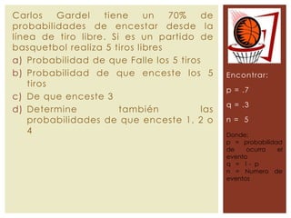 Carlos Gardel tiene un 70% de
probabilidades de encestar desde la
línea de tiro libre. Si es un partido de
basquetbol realiza 5 tiros libres
a) Probabilidad de que Falle los 5 tiros
b) Probabilidad de que enceste los 5
tiros
c) De que enceste 3
d) Determine también las
probabilidades de que enceste 1, 2 o
4
Encontrar:
p = .7
q = .3
n = 5
Donde;
p = probabilidad
de ocurra el
evento
q = 1 - p
n = Numero de
eventos