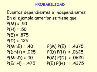 PROBABILIDAD 
Eventos dependientes e independientes 
En el ejemplo anterior se tiene que 
P(M) = .50 
P(H) = .50 
P(E) = .875 
P(D) = .125 
P(MÇE) = .40 P(M) P(E) = .4375 
P(DÇH) = .025 P(D) P(H) = .0625 
P(MÇD) = .10 P(M) P(D) = .0625 
P(EÇH) = .475 P(E) P(H) = .4375 
 
