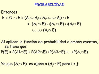 PROBABILIDAD 
Entonces 
E = Ω Ç E = (A1 È A22È A3È¼È An) Ç E 
= (A1 Ç E) È(A2 Ç E) È(A3Ç E) 
È¼È (AnÇ E) 
Al aplicar la función de probabilidad a ambos eventos, 
se tiene que: 
P(E) = P(A1ÇE) + P(A2ÇE) +P(A3ÇE) +¼+P(An ÇE) 
Ya que (Ai Ç E) es ajeno a (Aj Ç E) para i ≠ j 
 